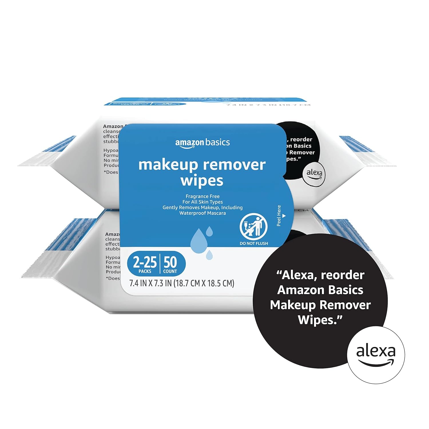 Makeup Remover Wipes, Fragrance- and Alcohol-Free, Gentle Cleansing, Removes Waterproof Mascara, Dermatologist Tested, 25 Count, Pack of 2 (Previously Solimo)